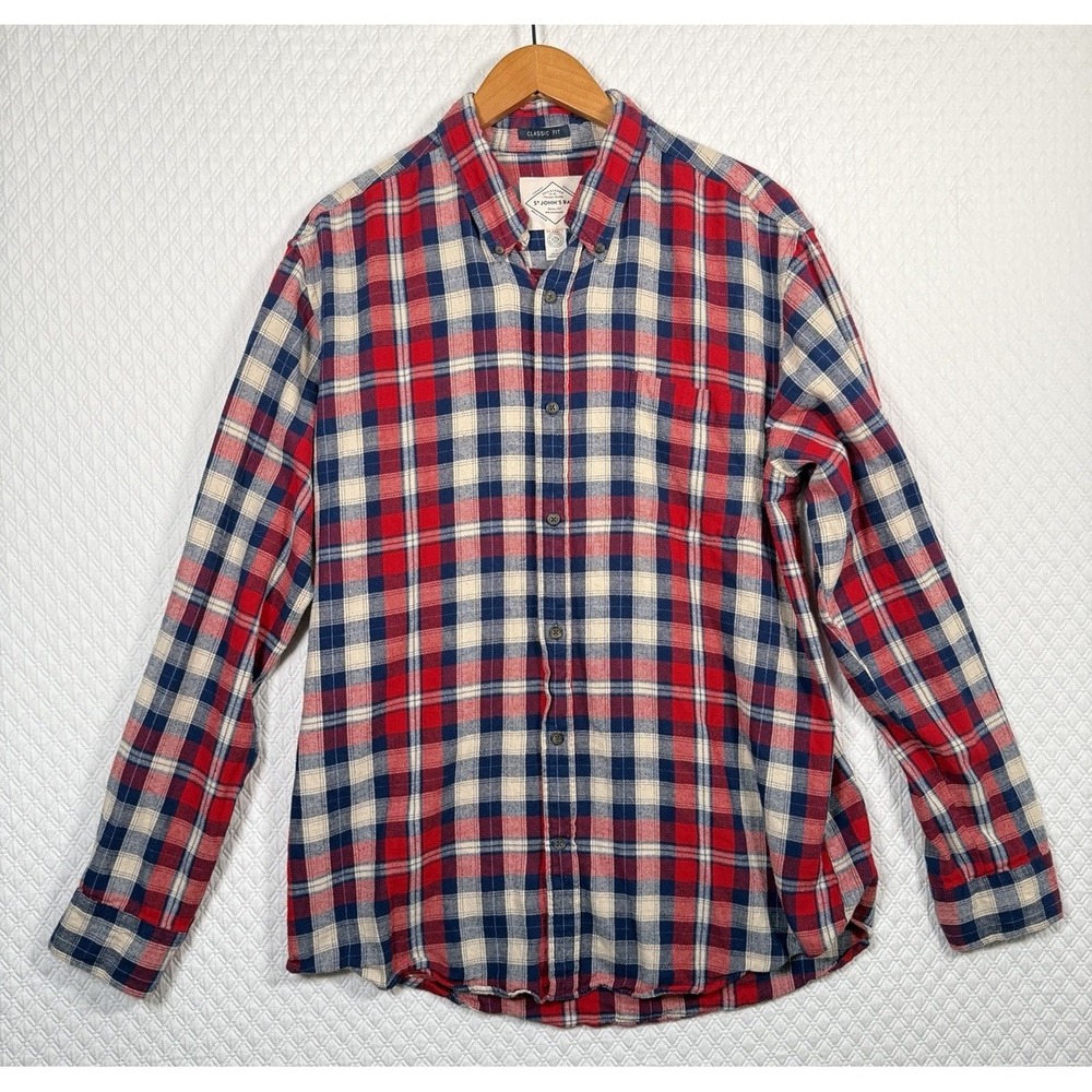 St. John's Bay Men L Flannel Shirt Super Soft‎ Red/Blue Plaid 100% Cotton Cowboy